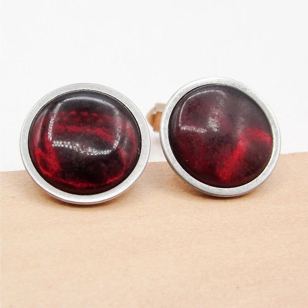 Vintage Swank 10K RGP Gold Tone Red Stone Cufflinks Ruby Cabochon Round Classic